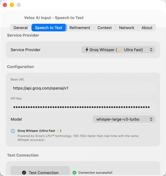 Configure Groq API in Velox Settings