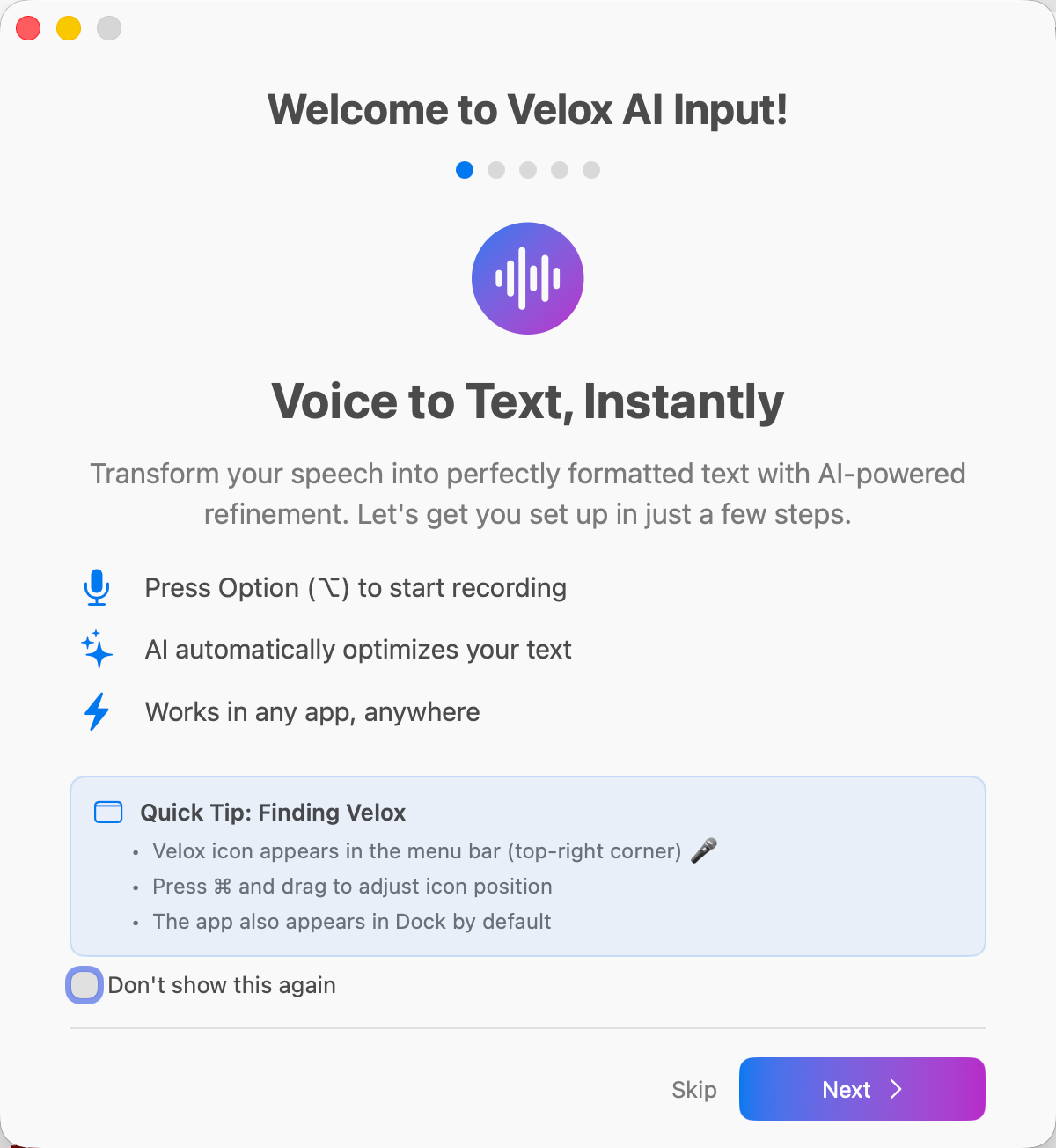 Velox Onboarding Screen